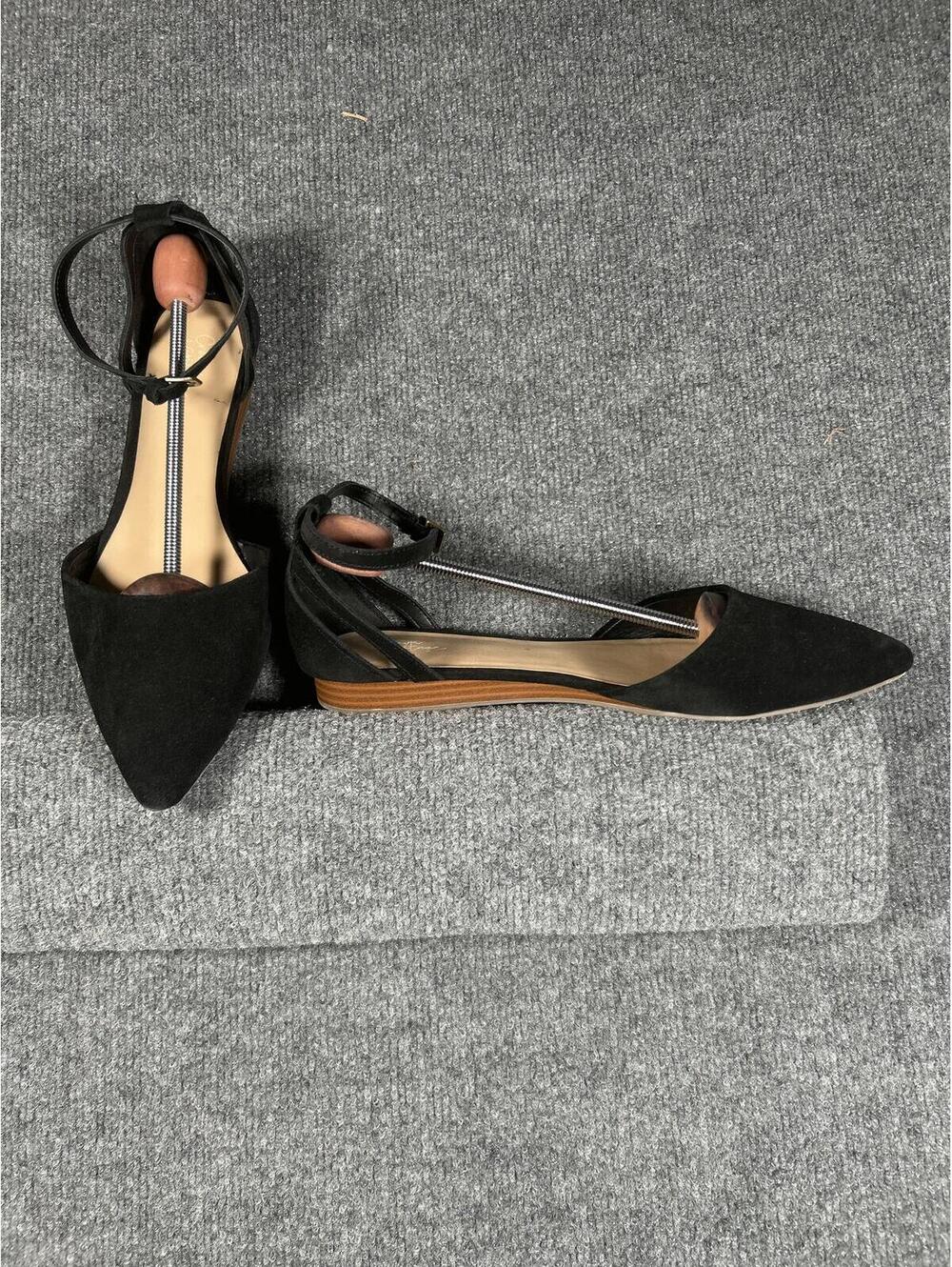 Crowd Vintage Black Suede Pointed Toe Ankle Strap Flats
